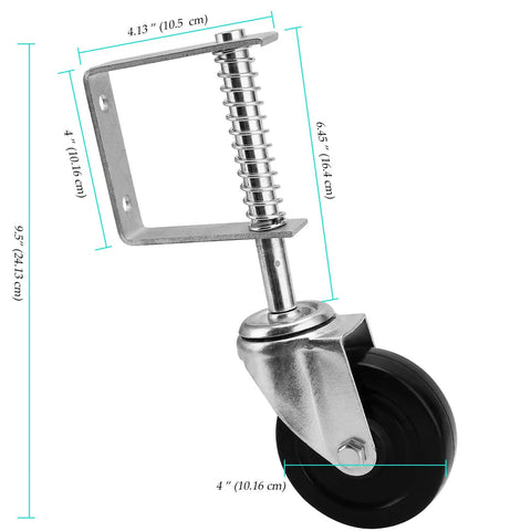 Heavy Duty 2 Pack 4 Inch Spring Loaded Gate Casters With 360 Swivel Wheels 220 Lb Capacity close-up of caster with rubber tread