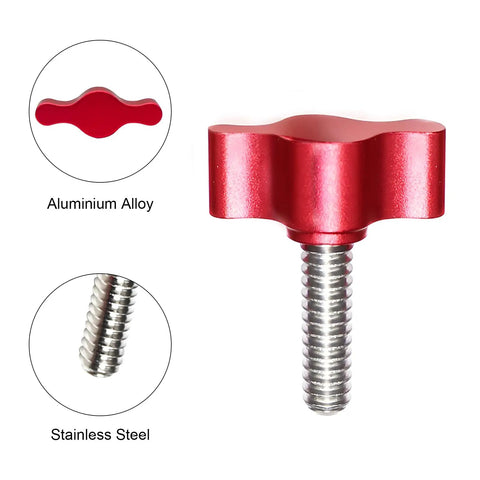 Close-up of 4 Pack 1/4-20 Thumb Screws 3/4 Inch Stainless Steel Standard Coarse Thread With Red Aluminum Tee Wing Knobs