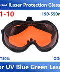 Over Glasses Laser Safety Goggles For 190nm To 550nm Wavelengths Including 355nm 405nm 450nm 473nm 532nm OD6 Blue Green