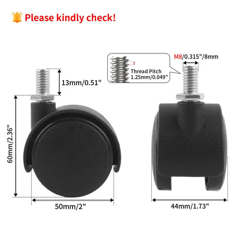 Rock Solid 2 Inch Swivel Caster Wheels 4 Pack Nylon Roller Casters With M8 Threaded Stem close-up showing dimensions and details.