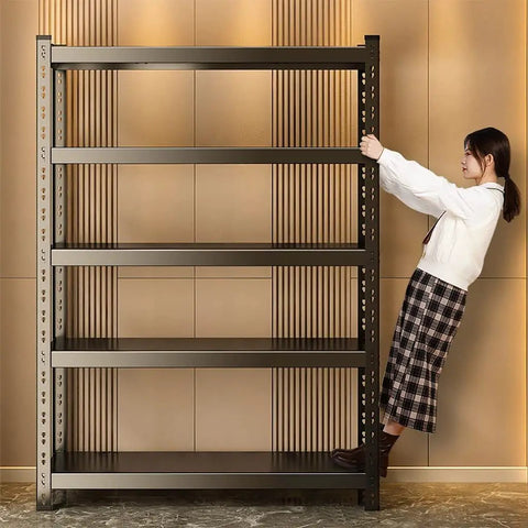 Heavy Duty Five Tier Metal Shelving Unit With 2000 Lbs Capacity And No Sweat Quick Assembly For Garage Warehouse Or Home Organization, adjustable shelves in use.