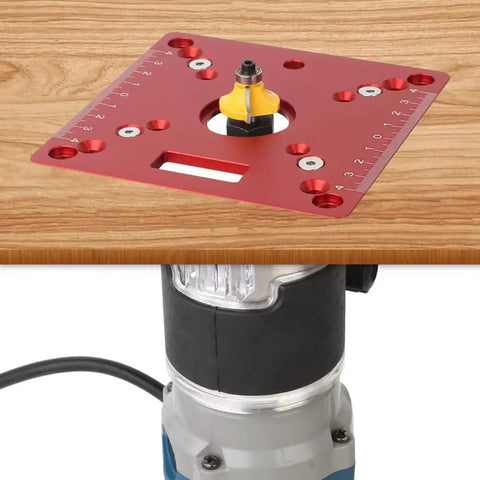 Bang For Buck Mini Square Router Table Insert Plate Solid Aluminum Anodized Flip Base for Woodworking with router and wood background.