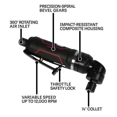 Straight Shooting Pneumatic Right Angle Die Grinder With 12000 Rpm Variable Speed Throttle And 1 Hp Air Motor with 360° rotating air inlet.