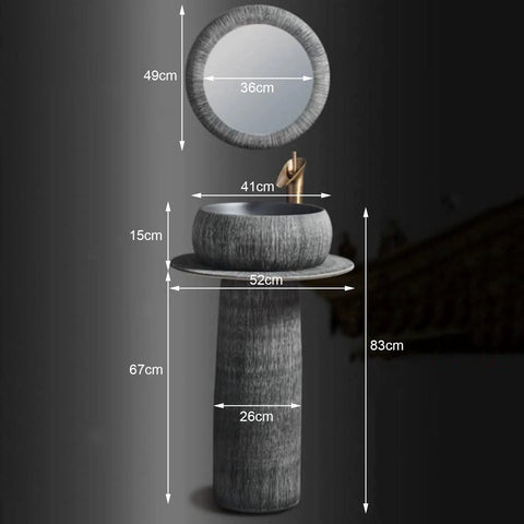Built Tough Ceramic Bathroom Vessel Sink And Pedestal Combo With Faucet Drain Kit For Indoor Outdoor Space Artisan Handmade Texture. Sink and mirror dimensions displayed.