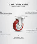 Red Polyurethane Plate Caster Wheel With Brake, heavy duty swivel for industrial carts, solid metal housing, floor safe