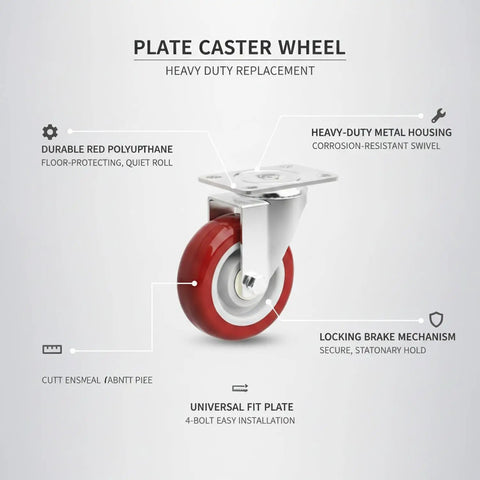 Red Polyurethane Plate Caster Wheel With Brake, heavy duty swivel for industrial carts, solid metal housing, floor safe