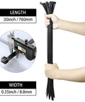 Heavy Hitting 30 Inch Black Zip Ties With 200 Lbs Grip Thick Cable Ties and Extra Long Nylon Tie Wraps For Yard Chores Electrical Setup And Garage Grind Durable 28 Pack Built Tough, displayed in hand with length and width measurements.