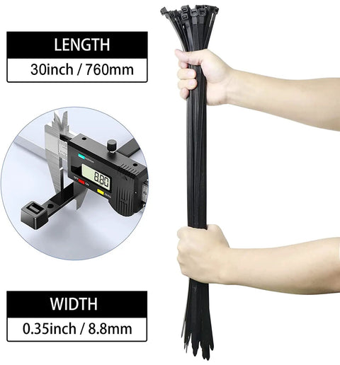 Heavy Hitting 30 Inch Black Zip Ties With 200 Lbs Grip Thick Cable Ties and Extra Long Nylon Tie Wraps For Yard Chores Electrical Setup And Garage Grind Durable 28 Pack Built Tough, displayed in hand with length and width measurements.