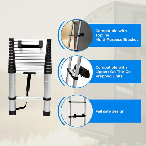 Telescoping Aluminum Ladder 14.5 Feet For RVs And Campers Compatible With Lippert On The Go Units Lightweight Collapsible Extension Ladder With Stabilizers For Roof Access And Outdoor Maintenance folded with safety straps