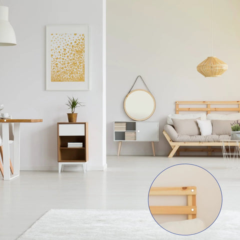 Living room with side table and sofa showing Six Sizes White Plastic Hole Plugs Set For Panels And Cabinets installed on wooden furniture.