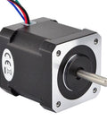NEMA 17 bipolar stepper motor with black body and four-wire cables, front view with protruding metal shaft