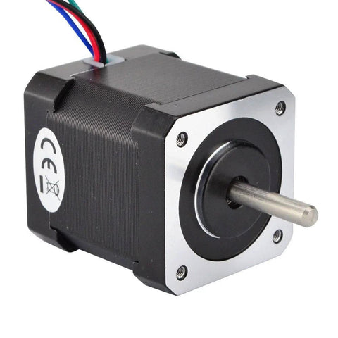 NEMA 17 bipolar stepper motor with black body and four-wire cables, front view with protruding metal shaft