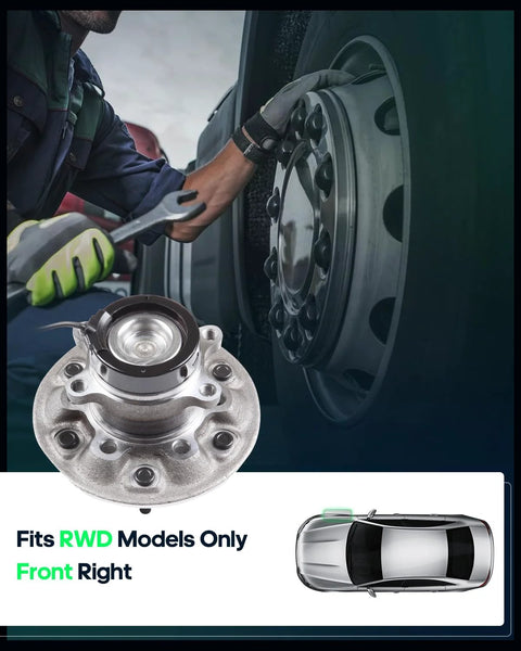 Front Right Wheel Hub Bearing Assembly 515107 For Chevy Colorado GMC Canyon Isuzu I Series 2004 2008 RWD 2.8L 2.9L 3.5L 3.7L Engines Easy Install Durable Replacement shown next to vehicle wheel being serviced.
