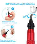 Front view of red Coeweule premium deburring tool with 360° rotating blade head and 15 blades.