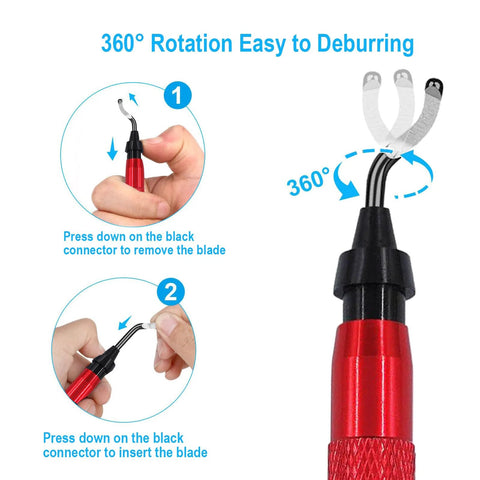 Front view of red Coeweule premium deburring tool with 360° rotating blade head and 15 blades.