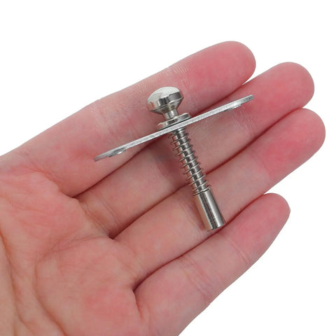 Five Piece Crib Spring Latch Pin Kit With Plate For Adjustable Nursery Crib Hardware Replacement Stainless Steel Safe Height Adjustment No Brainer Easy Install Durable Cot Bed Repair Parts For Parents, stainless steel latch pin with plate in hand