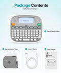 Top Shelf Qwerty Label Maker Featuring Waterproof Build And Portable Slick Design With Type C And Battery Power For Stress Free Home Office Organization Including One White 12mm Core Tape package contents including the label maker, sample tape, Type-C cable, and user manual.