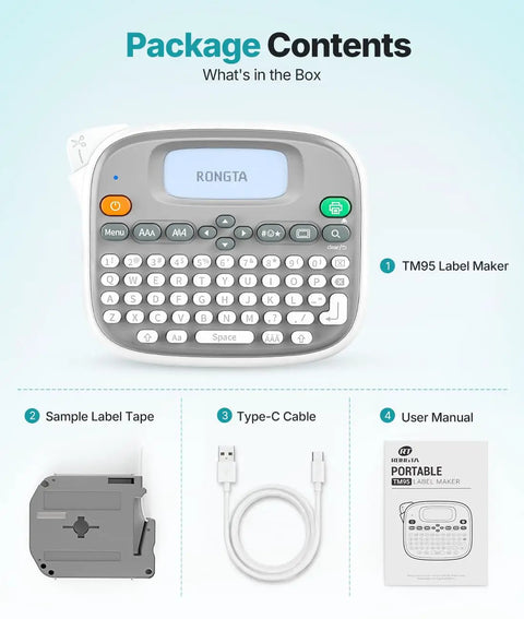 Top Shelf Qwerty Label Maker Featuring Waterproof Build And Portable Slick Design With Type C And Battery Power For Stress Free Home Office Organization Including One White 12mm Core Tape package contents including the label maker, sample tape, Type-C cable, and user manual.