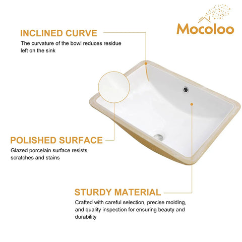 Undermount 21x14 Inch White Ceramic Bathroom Sink, Rectangular Vanity Lavatory Basin with inclined curve and polished surface