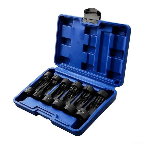 Premium Heavy Duty 12 Point Deep Groove Socket Wrench Set 6 Piece Black Alloy Steel Tool Kit in blue case, ready for auto repair.