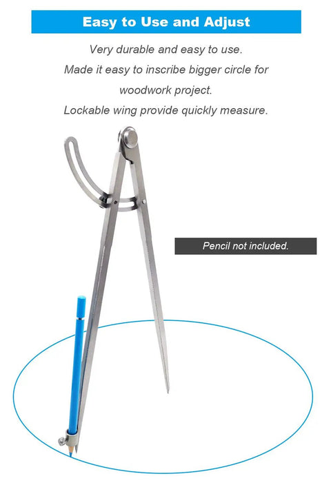 Heavy Duty 12 Inch Woodworking Compass With Pencil Holder For Carpenters Lockable Wing Divider for precise circle marking.