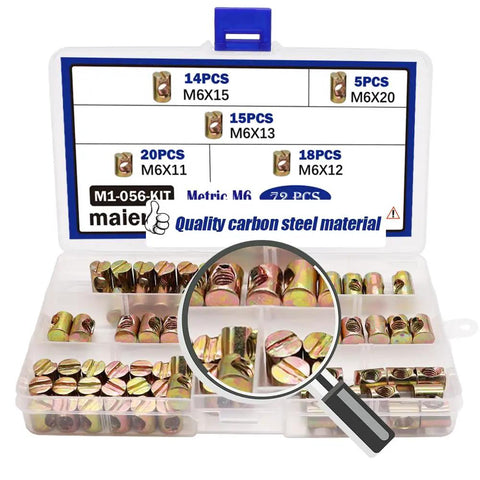 Beast Mode 72 Piece M6 Metric Barrel Nuts And Cross Dowel Slotted Nut Kit in clear organizer with quality carbon steel hardware.