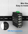 Industrial 8-Port 10/100/1000T PoE Plus switch mounted on DIN rail, highlighting compact size and easy installation features.