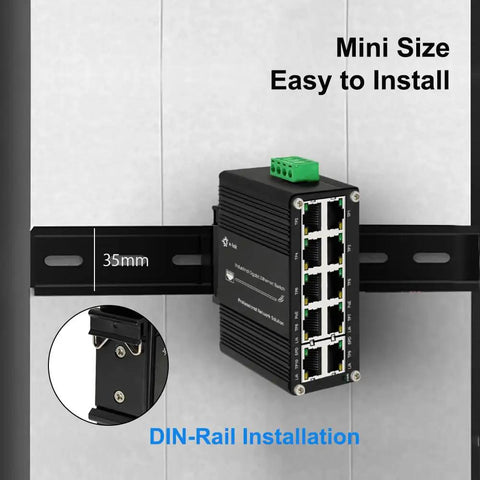 Industrial 8-Port 10/100/1000T PoE Plus switch mounted on DIN rail, highlighting compact size and easy installation features.