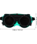 Kick Ass Flip Up Welding Goggles Heavy Duty Safety Glasses in green, measuring 7.66 in x 3.14 in, front view with dark lenses.