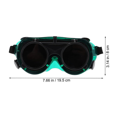 Kick Ass Flip Up Welding Goggles Heavy Duty Safety Glasses in green, measuring 7.66 in x 3.14 in, front view with dark lenses.