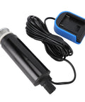 Heavy Duty Tough As Nails Cordless Submersible Sump Pump With 500 Gph Flow and 16 Foot Head, featuring a black cylindrical body and blue battery.