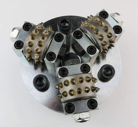 Five Inch Litchi Surface Bush Hammer Plate for Angle Grinder with 5/8-11 Thread; features 3 rollers and 30 pins per roller.