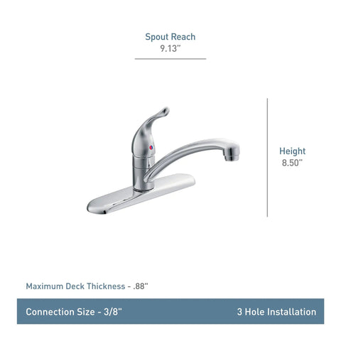 Chrome One Handle Low Arc Kitchen Faucet For 1 Or 3 Hole Sinks With Optional Deck Plate, Easy Single Lever Water Control, side view