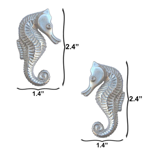 Coastal Seahorse Cabinet Knobs Set In Brushed Nickel Finish Small Matched Pair with dimensions for kitchen and bathroom use.