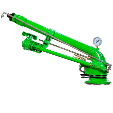 2-inch impact sprinkler with pressure gauge for farm irrigation, showing adjustable spray gun and gauge, in green.