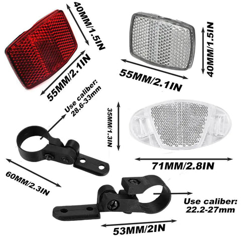 Dimensions of pieces in Eight Piece Bike Front And Rear Reflectors Kit With Wheel Spoke Reflectors For Handlebar And Seatpost