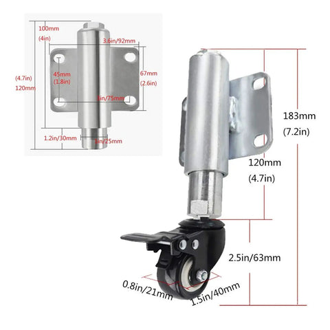 Heavy Duty 1.5 Inch Swivel Caster Gate Wheel Flat Free Polyurethane Roller With Retractable Spring Shock Absorber dimensions and design details.