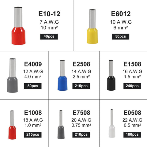 Assorted wire ferrules in different colors and sizes from Crimp Tool Kit With 1200 Wire Terminals And Insulated Connectors For AWG 23 To 7
