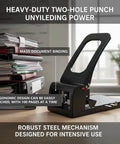 Tough As Nails Heavy Duty 2 Hole Punch For Office, School, And Home, 100 Sheets Capacity in black on a desk with stacked files