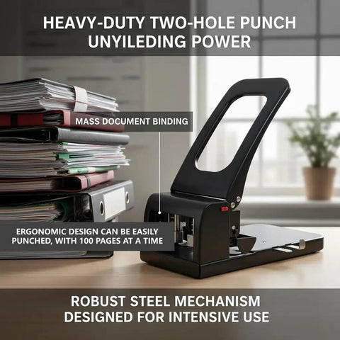 Tough As Nails Heavy Duty 2 Hole Punch For Office, School, And Home, 100 Sheets Capacity in black on a desk with stacked files