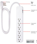 Six-Outlet Surge Protector Power Strip With Four-Foot Extension Cord, 840 Joules Of Surge Protection, UL Listed, white design