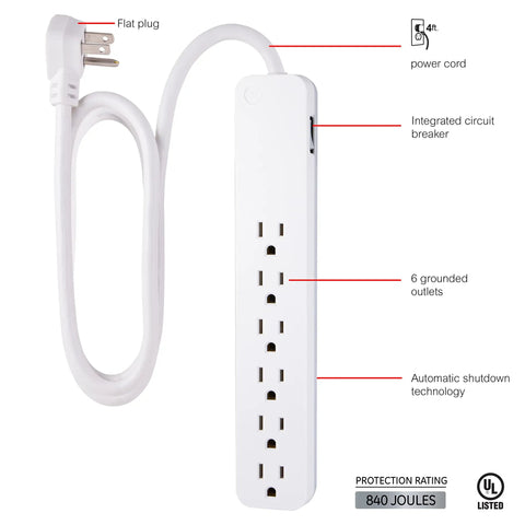 Six-Outlet Surge Protector Power Strip With Four-Foot Extension Cord, 840 Joules Of Surge Protection, UL Listed, white design