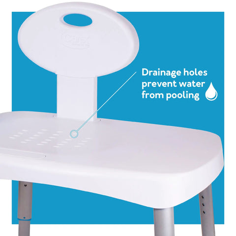 Close-up of Easy Transfer Shower Bench With Back For Tub And Bathtub Safe Seat For Seniors Adjustable Height with drainage holes.