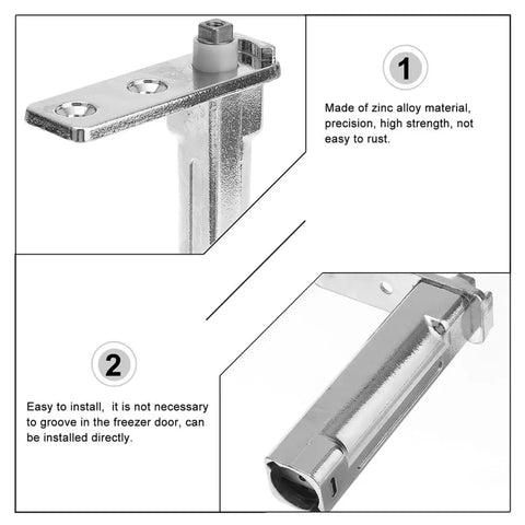 Close-up of a 2 Pack Beefy Stainless Steel Freezer Door Hinge with Rebound Spring detailing easy install and rust resistance