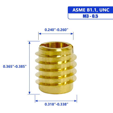 Brass Knife Thread Wood Inserts For Hardwood M3 0.5 Internal Threads 0.375 Inch Long Pack Of 10 with dimensions shown
