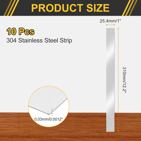 10 Pack 304 Stainless Steel Shim Stock Strips 0.03mm Thick By 1 Inch Wide By 12 Inches Long Flat Bar Gap Filler Trim For DIY Craft Projects Durable Rust Resistant Metal shown vertically with measurements