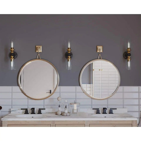 Two Light Clear Glass Farmhouse Bath Vanity Light In Antique Bronze Finish mounted over double sink vanity in bathroom