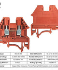 DIN Rail Terminal Block Screw Type DK2.5N-RD Red, UL 600V 20A 12-22AWG, front and back views, red housing, 100-pack.