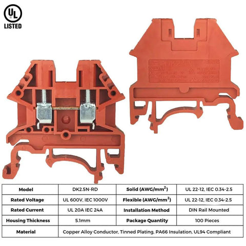 DIN Rail Terminal Block Screw Type DK2.5N-RD Red, UL 600V 20A 12-22AWG, front and back views, red housing, 100-pack.