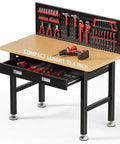 Heavy Duty 39.4 Inch Steel Workbench With Drawer And Pegboard 2000 Lb Capacity Garage Workshop Table featuring tools arranged on pegboard.